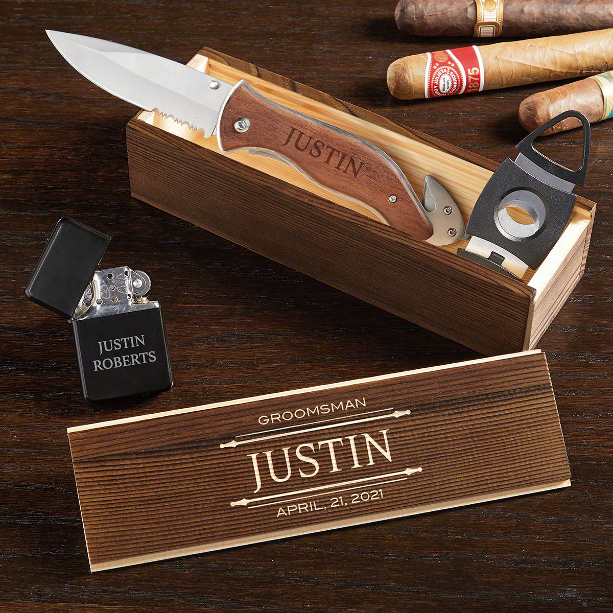 Personalized Cigar Box With Lighter And Knife-Cigar Gift Set