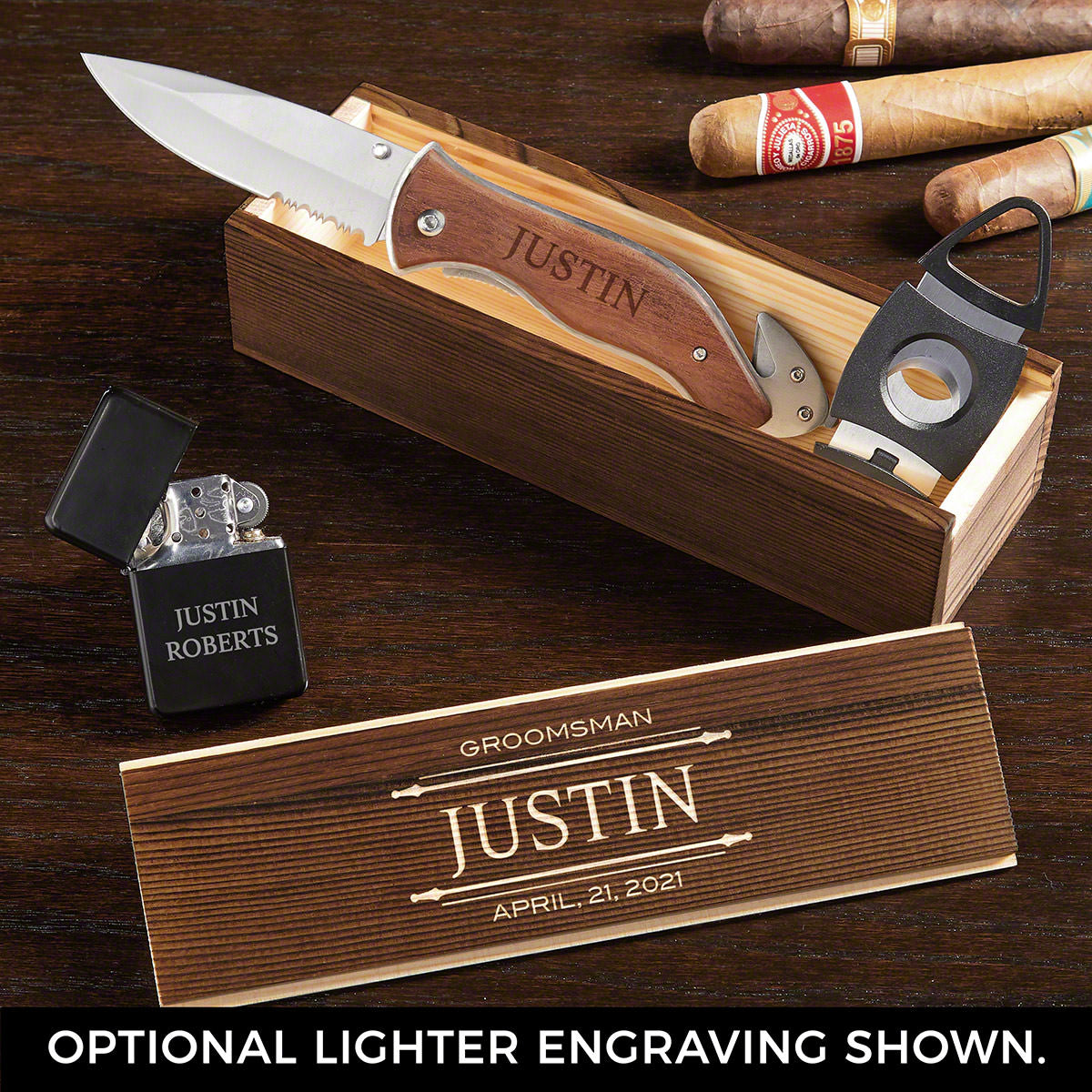 Personalized Cigar Box With Lighter And Knife-Cigar Gift Set