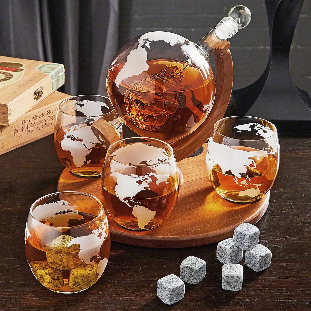 Globe Decanter Set with 4 Whiskey Glasses and Stones - 6pc Set