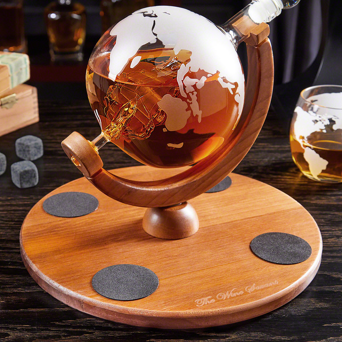 Globe Decanter Set with 4 Whiskey Glasses and Stones - 6pc Set
