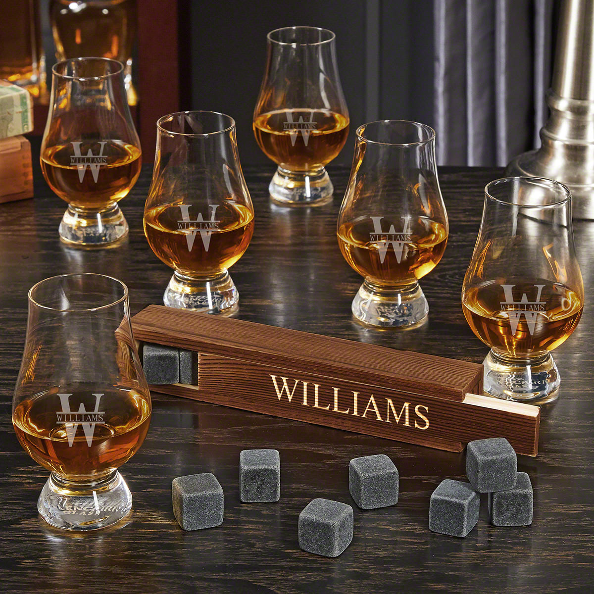Engraved Whiskey Stone Set with 6 Glencairn Whiskey Tasting Glasses
