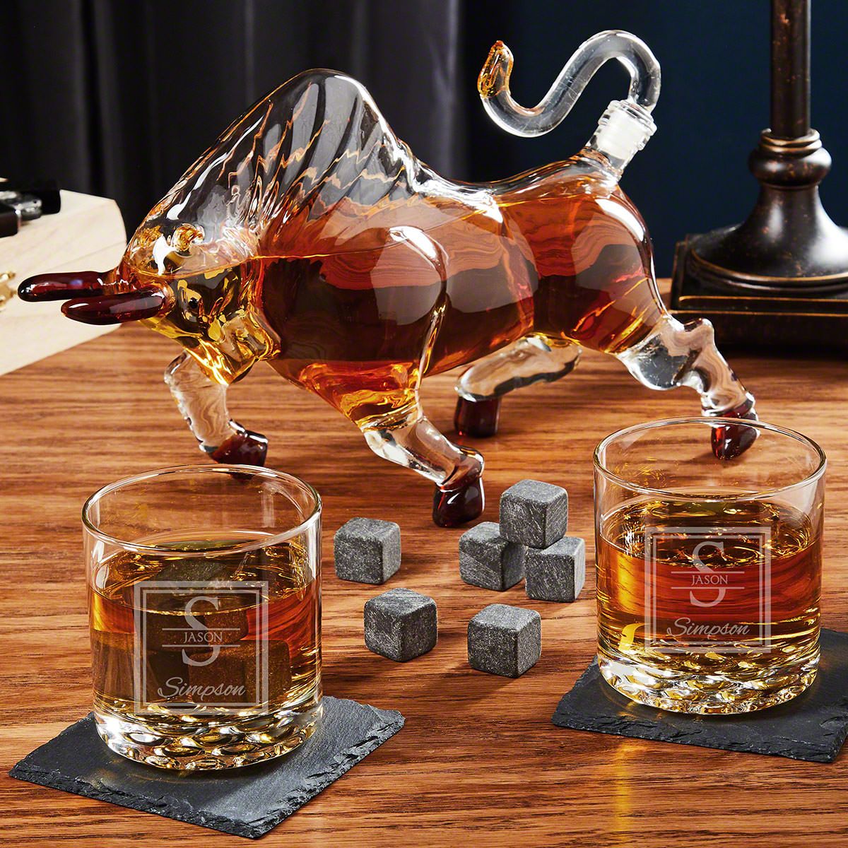Custom Buckman Whiskey Glasses and El Matador Bull Whiskey Decanter Set
