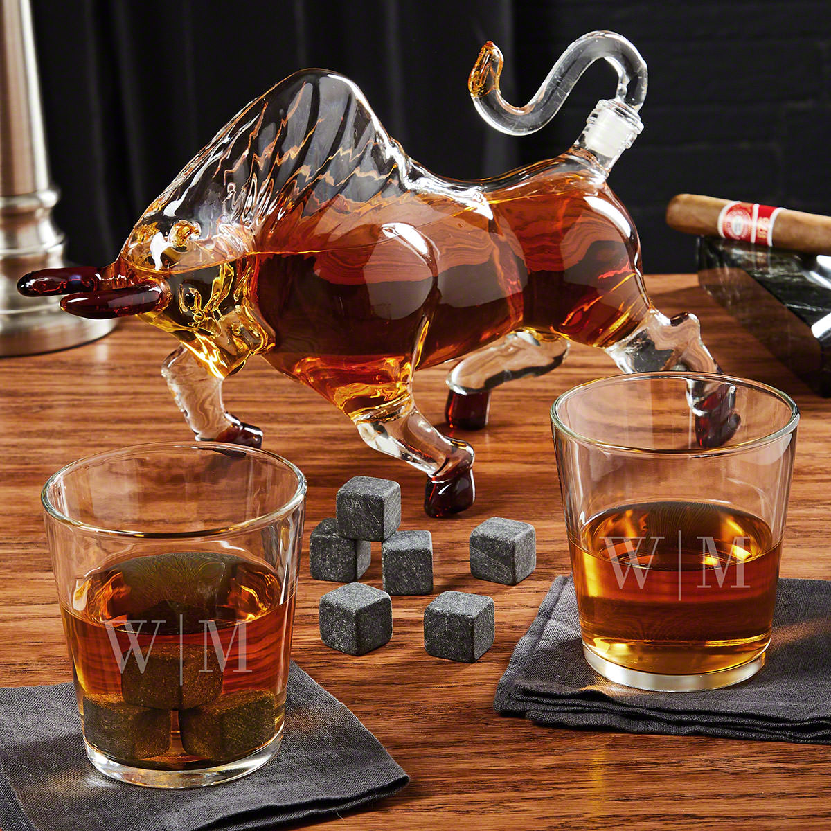 El Matador Bull Bourbon Decanter Set With Engraved On The Rocks Glasses