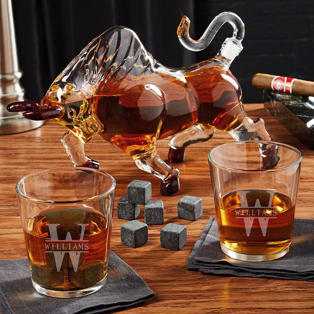 El Matador Bull Bourbon Decanter Set With Engraved On The Rocks Glasses