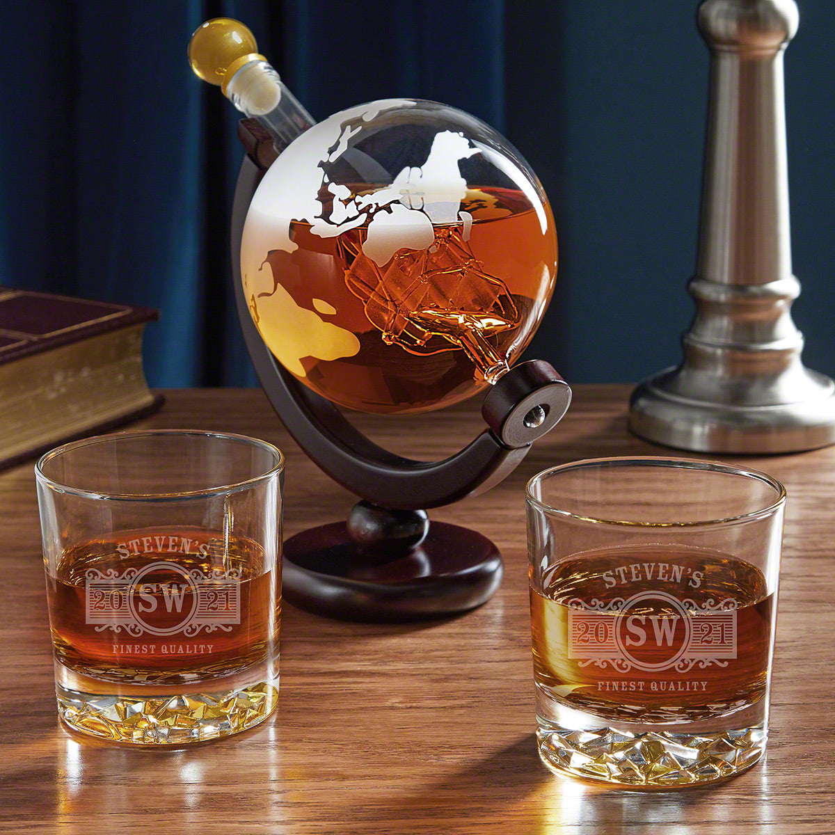 Personalized Globe Decanter and Glacier Bottom Whiskey Glasses