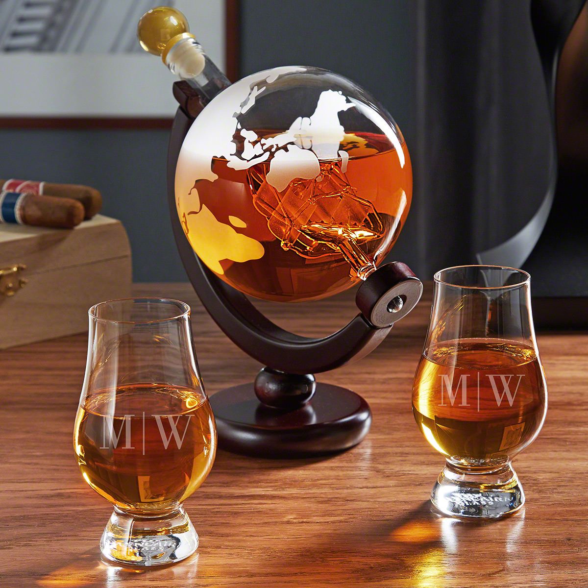 Globe Decanter Set with Personalized Glencairn Glasses