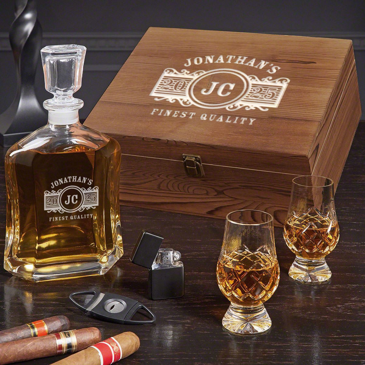 Personalized Bourbon Decanter Set with Crystal Glencairn Glasses Wood Box
