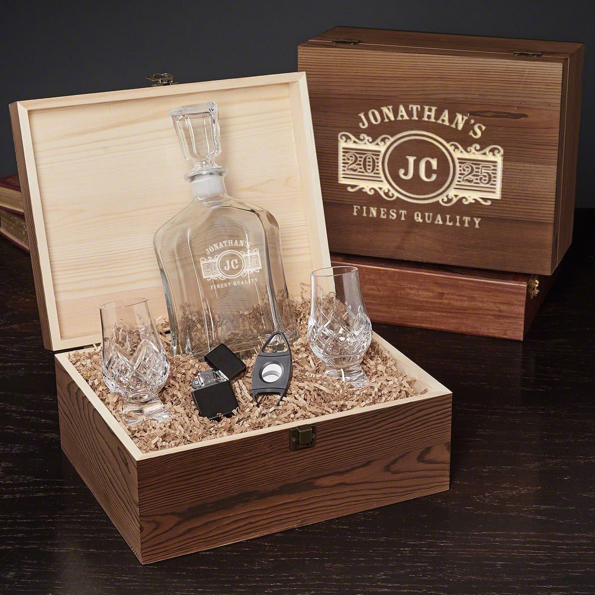 Personalized Bourbon Decanter Set with Crystal Glencairn Glasses Wood Box