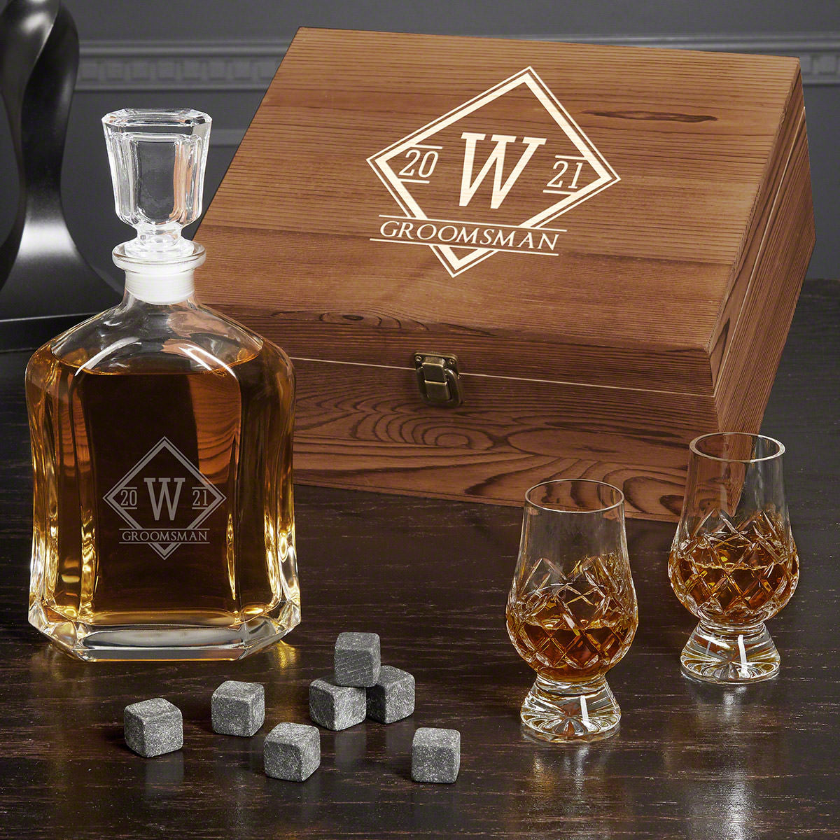 Argos Personalized Whiskey Decanter Set with Crystal Glencairn Glasses Wood Box
