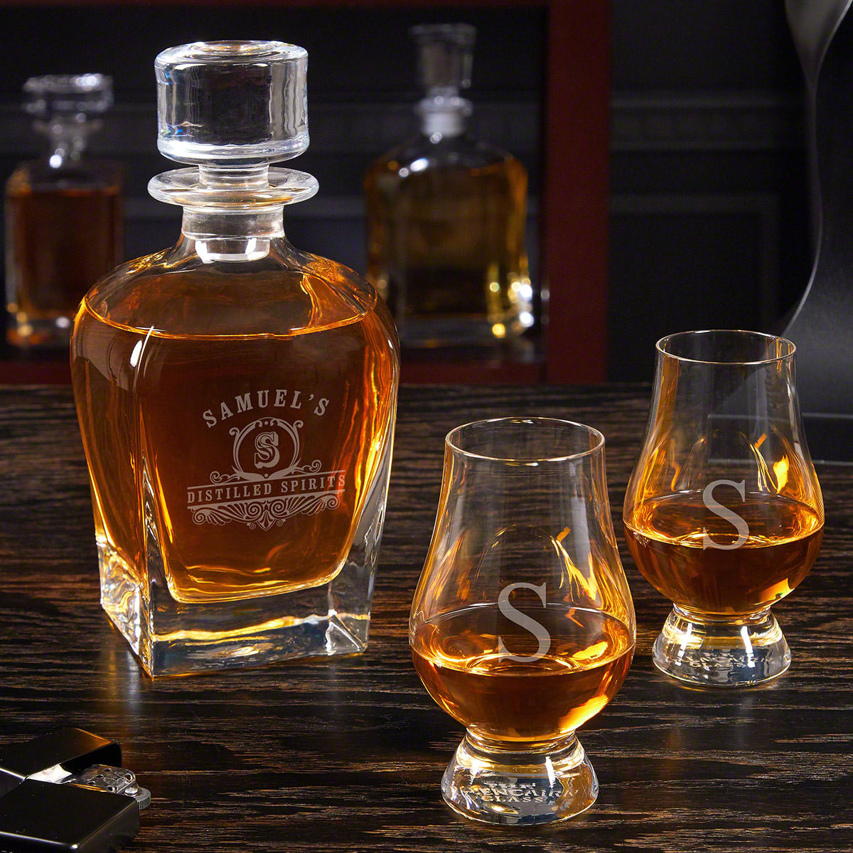 Engraved Draper Whiskey Decanter Set with Glencairn Glasses