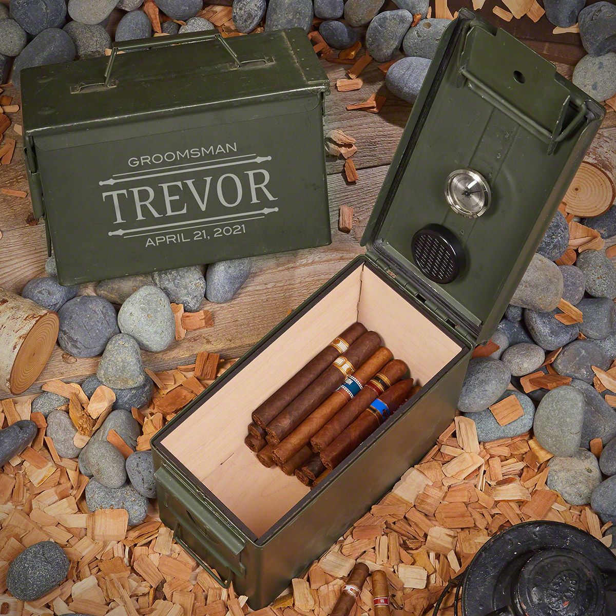 Custom Cigar Humidor Ammo Box Gift Set 12pc Set - Halo Whiskey Smoker and Glasses