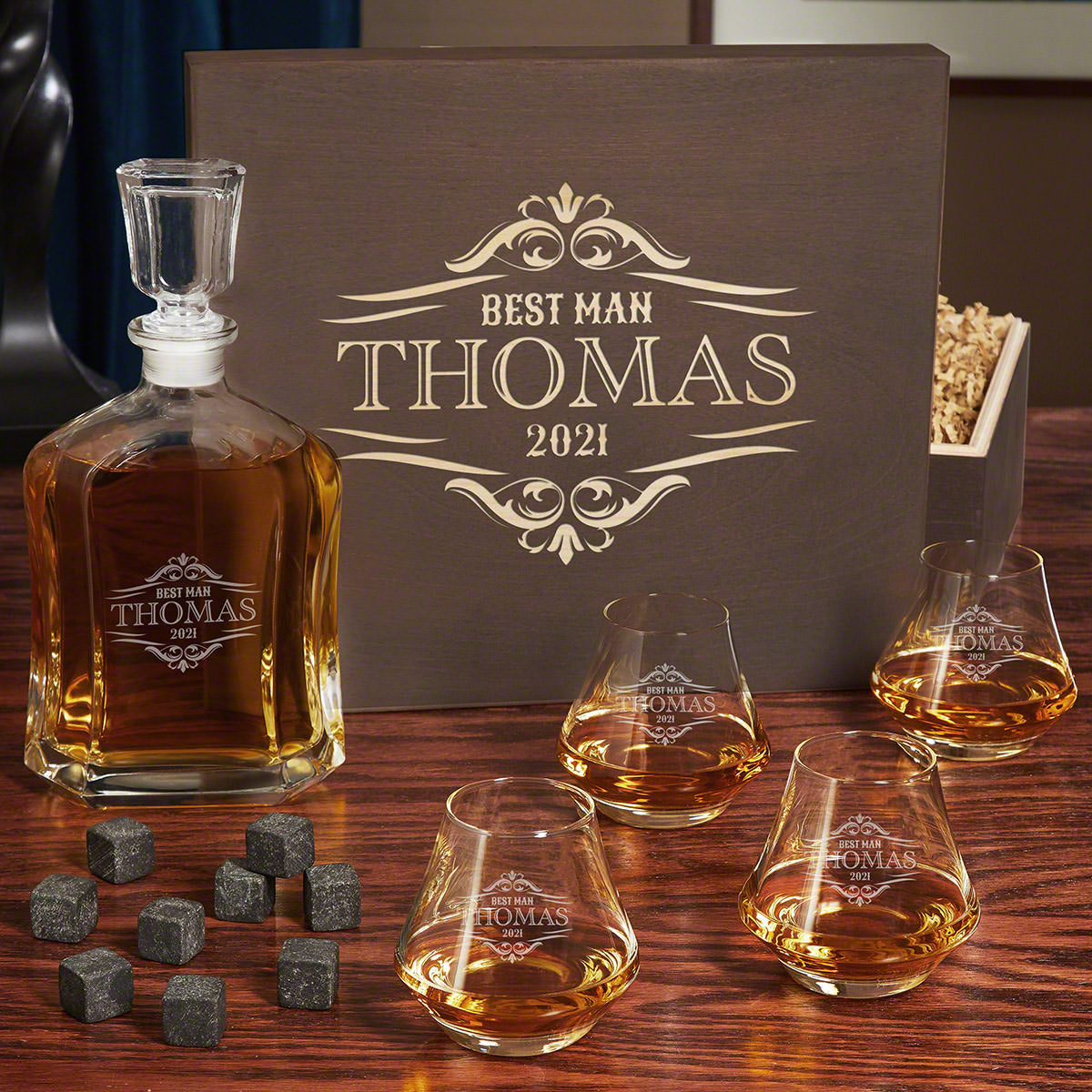DiMera Whiskey Decanter Set with Glasses with Handcrafted Wood Box