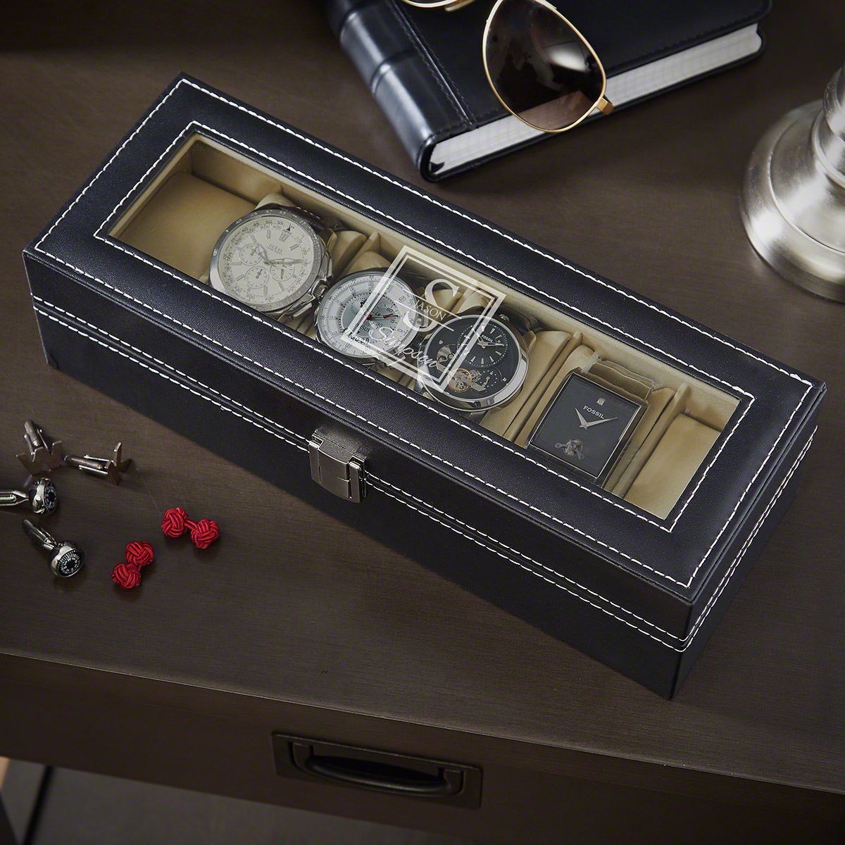 Timeless Personalized Black Leather Watch Case