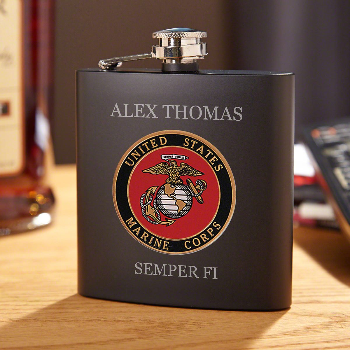 Marine Crest Personalized Blackout Flask US Marine Corps Gift