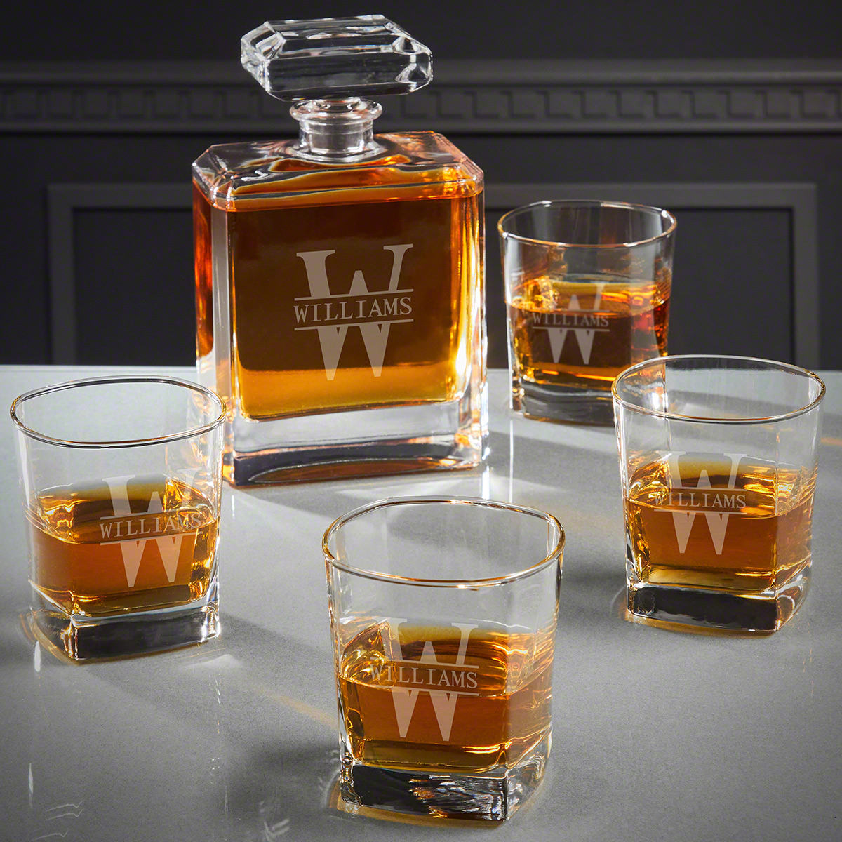 Cromwell Whiskey Decanter Set with 4 Square Rocks Glasses