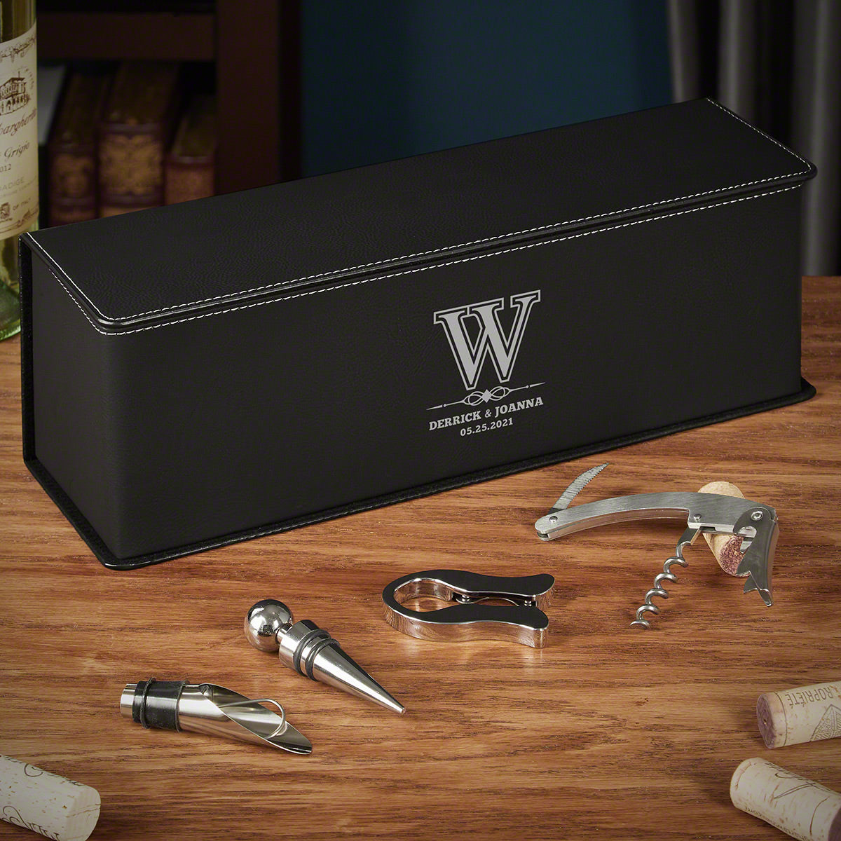 Personalized Black Leather Wine Gift Box