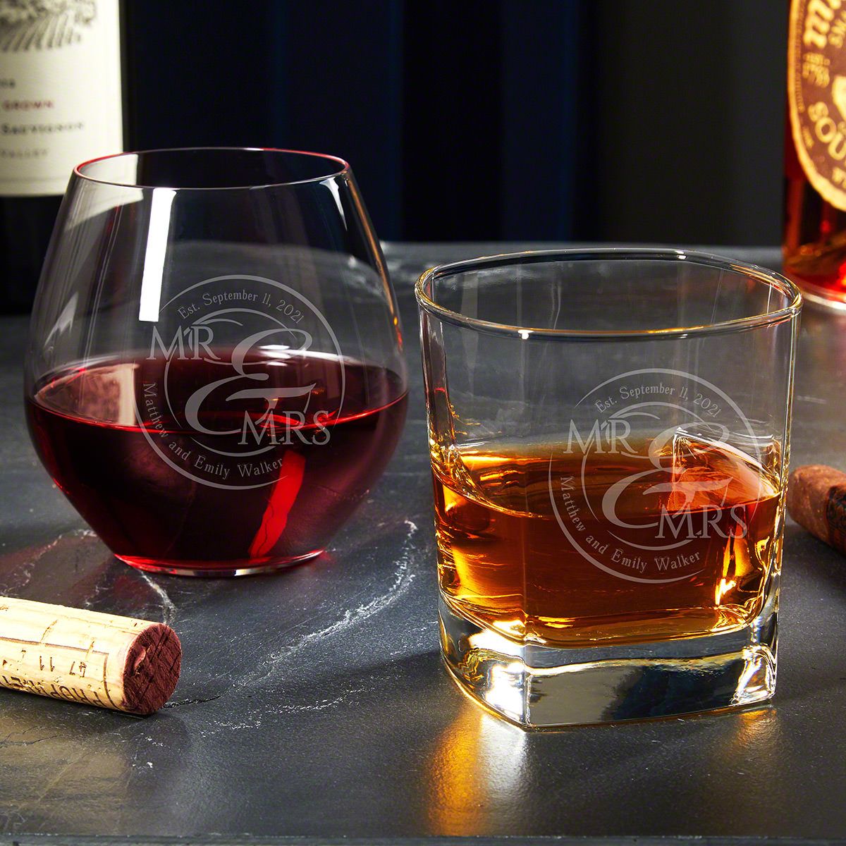 Custom Whiskey and Wine Glass Set His and Hers Gifts