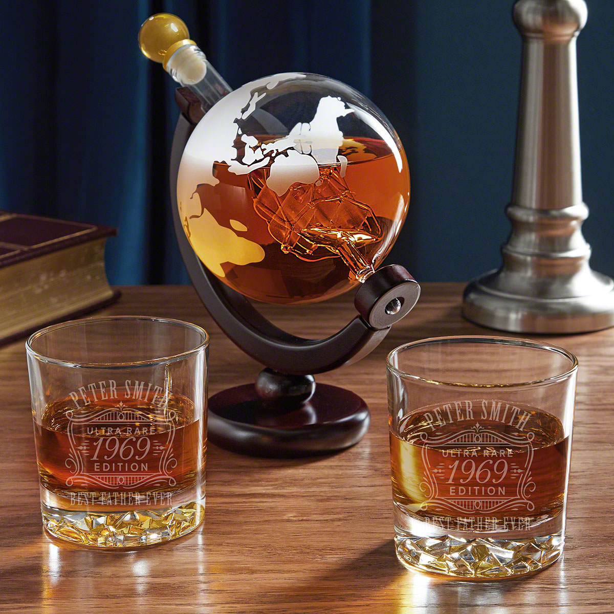 Glacier Bottom Personalized Glasses and Globe Whiskey Decanter Set