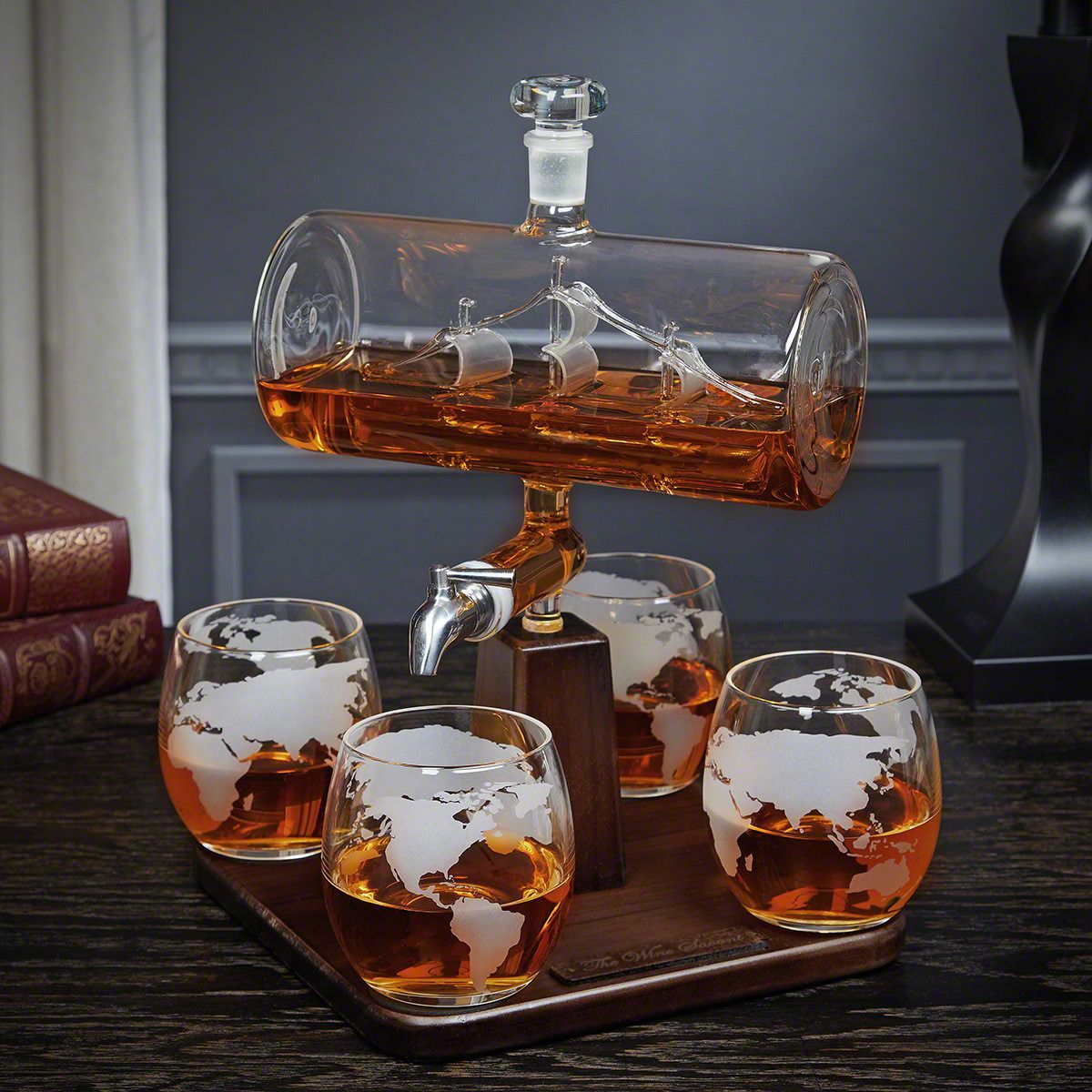 Sail Away Ship Whiskey Decanter Set with 4 Globe Glasses