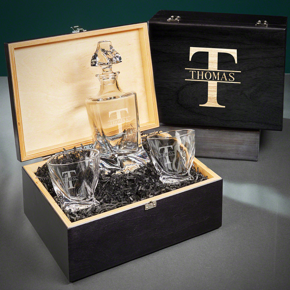 Engraved Vicente Crystal Whiskey Decanter Set with Twist Glasses - Ebony Black Box