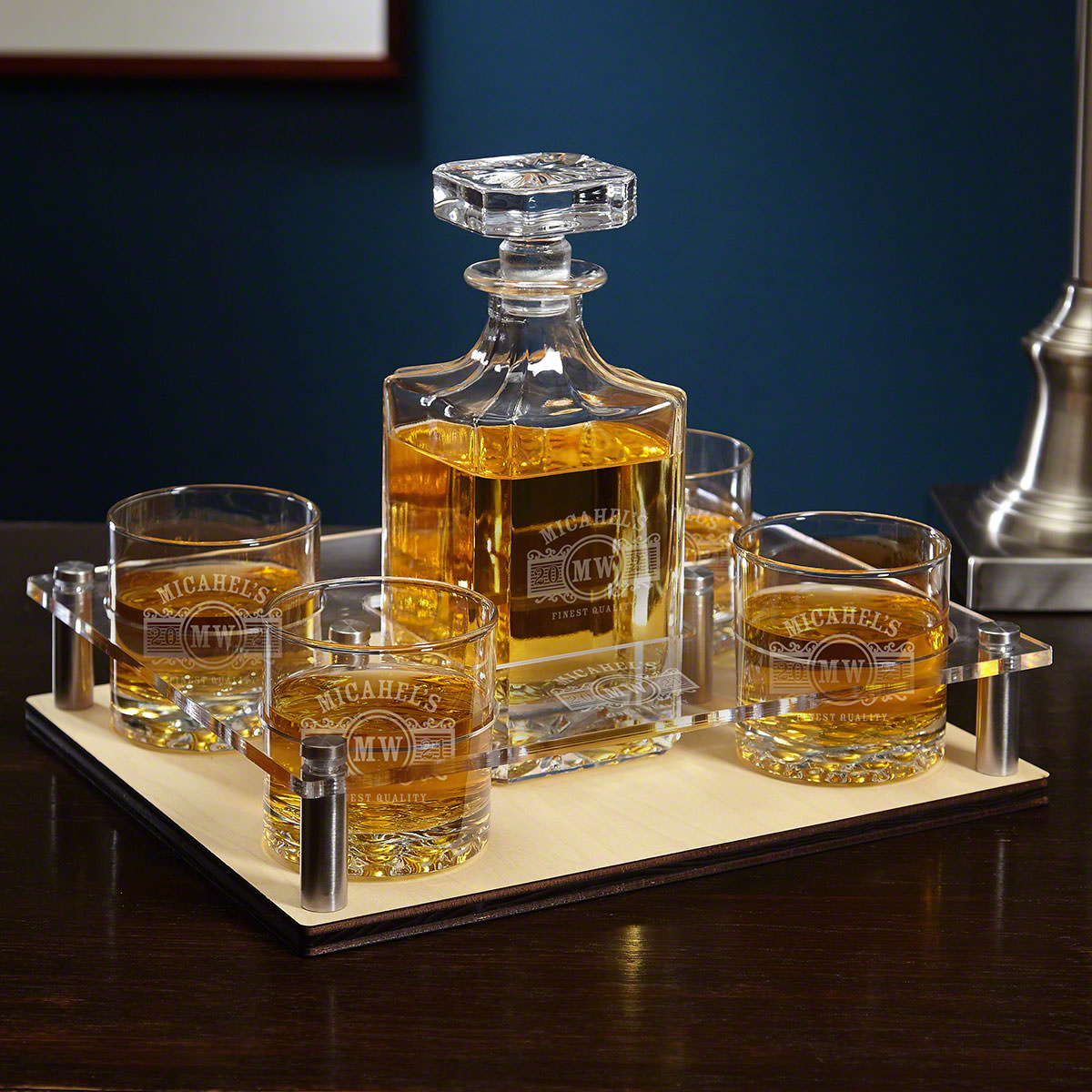 Custom Liquor Decanter Presentation Set with Buckman Glasses - Serving Tray & Display Set for Whiskey and Spirits