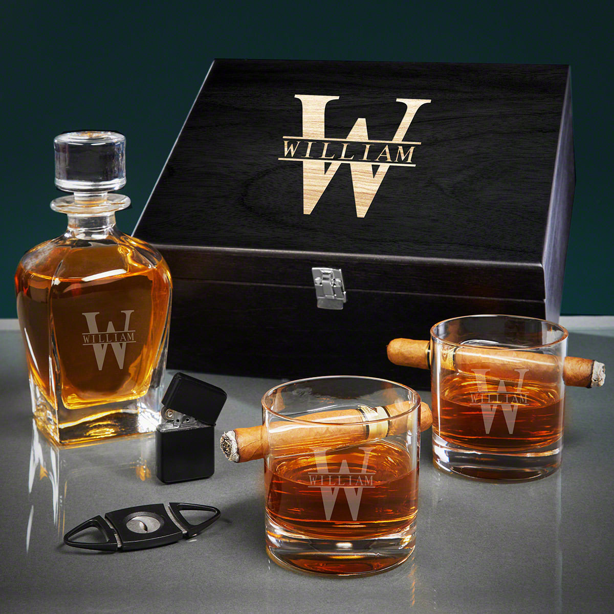 Oxley Custom Cigar Lover Gift Set with Whiskey Decanter and Glasses - 6pc Ebony Black Box