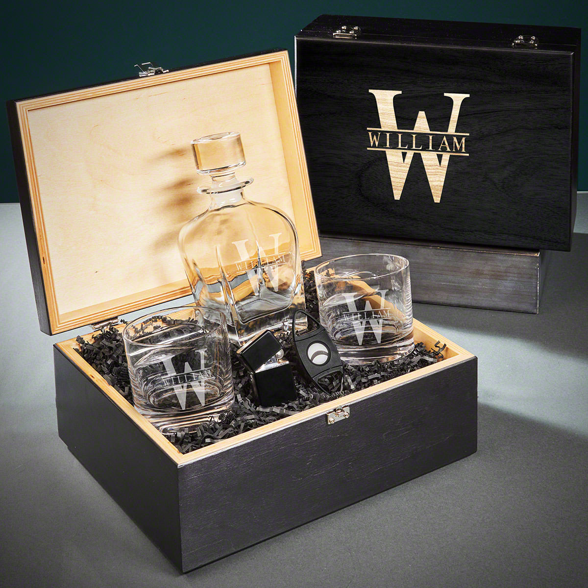 Oxley Custom Cigar Lover Gift Set with Whiskey Decanter and Glasses - 6pc Ebony Black Box