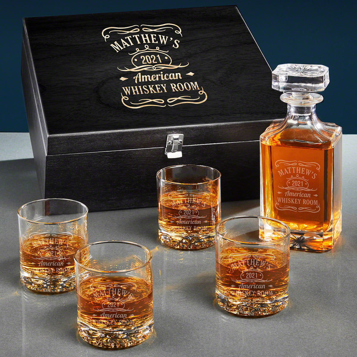 Personalized Carson Crystal Decanter Set with Whiskey Glasses - Ebony Black Box