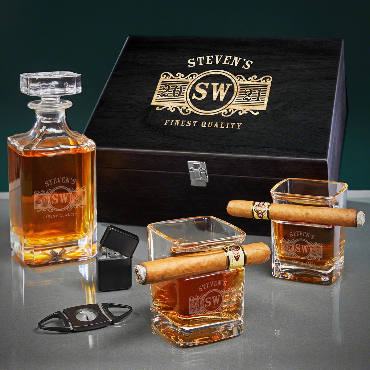 Engraved Whiskey Decanter Set and Cigar Gift Set