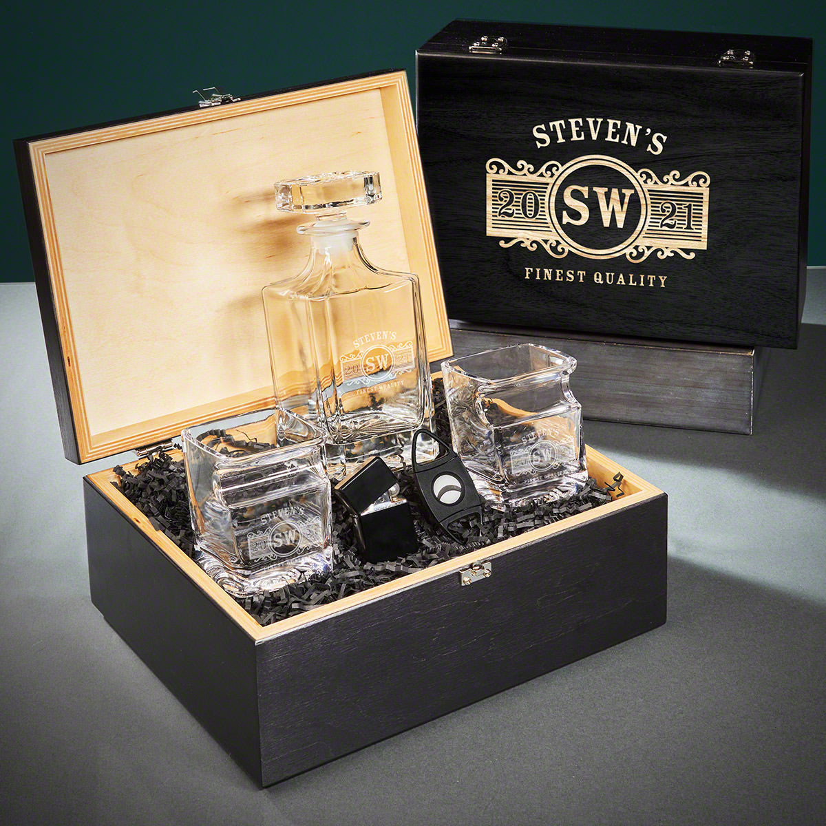 Engraved Whiskey Decanter Set and Cigar Gift Set