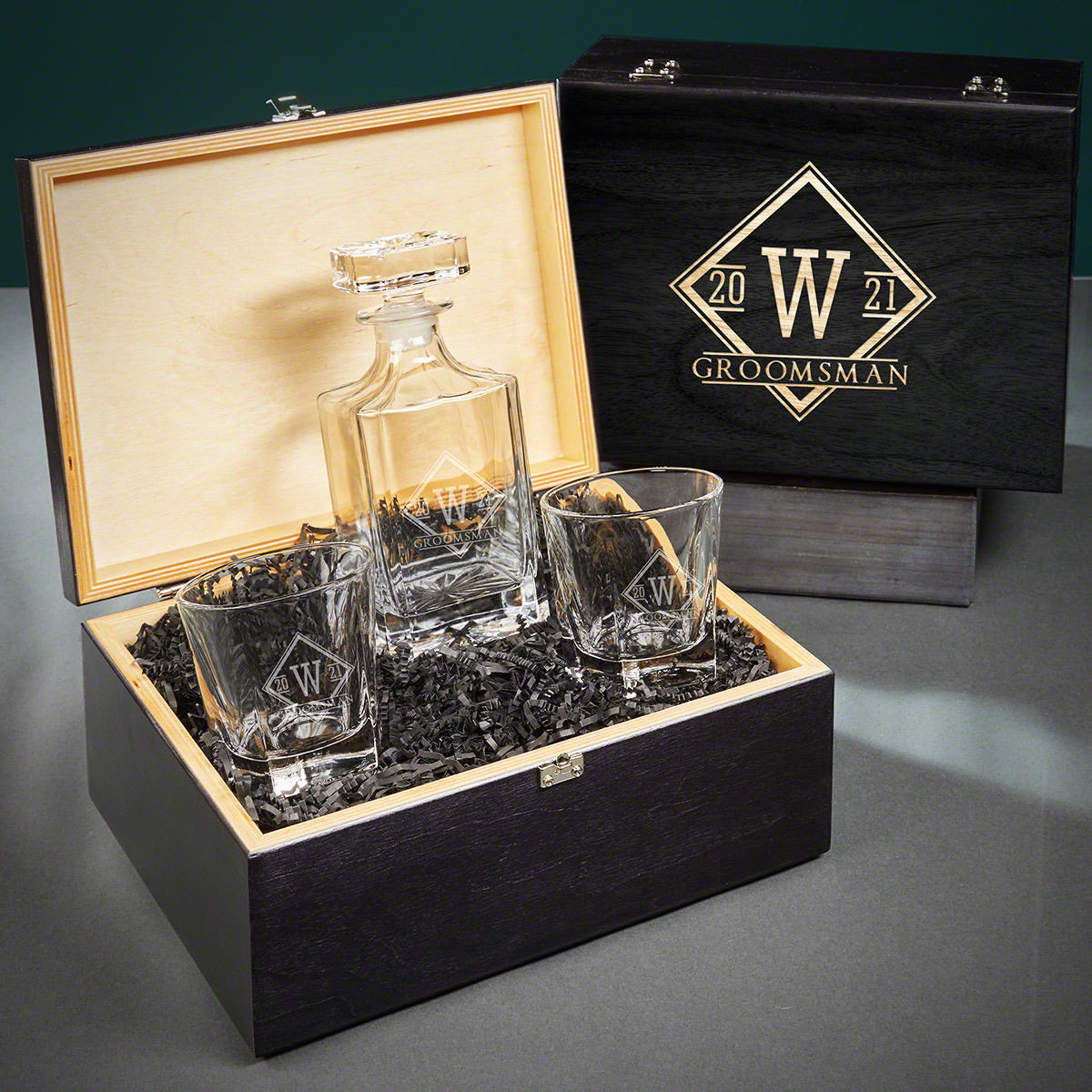 Colchester Custom Bourbon Decanter Set with Glasses - Ebony Black Box