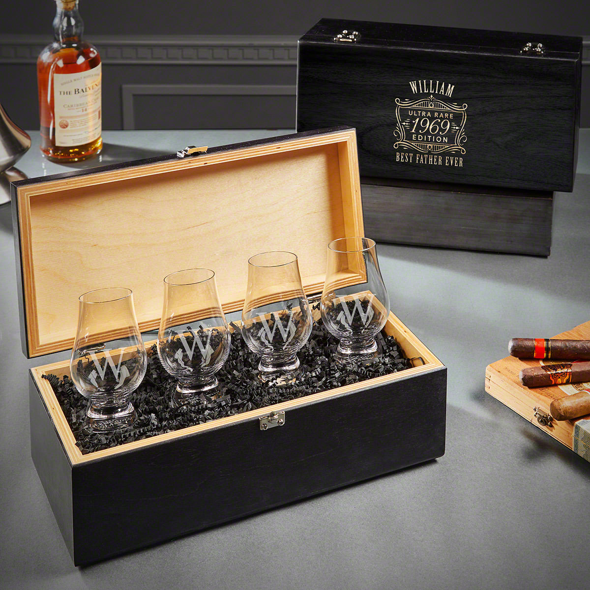 Engraved Glencairn Whiskey Glasses - Ebony Box