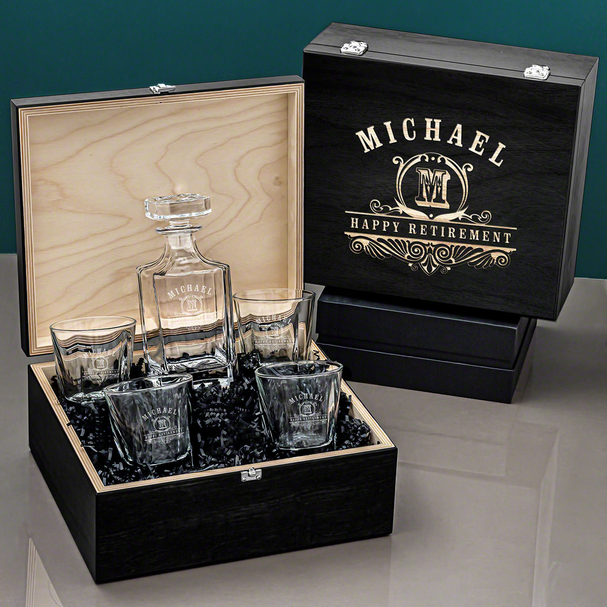 Custom Colchester Liquor Decanter Set with Decanter and Whiskey Glasses - Ebony Black Box