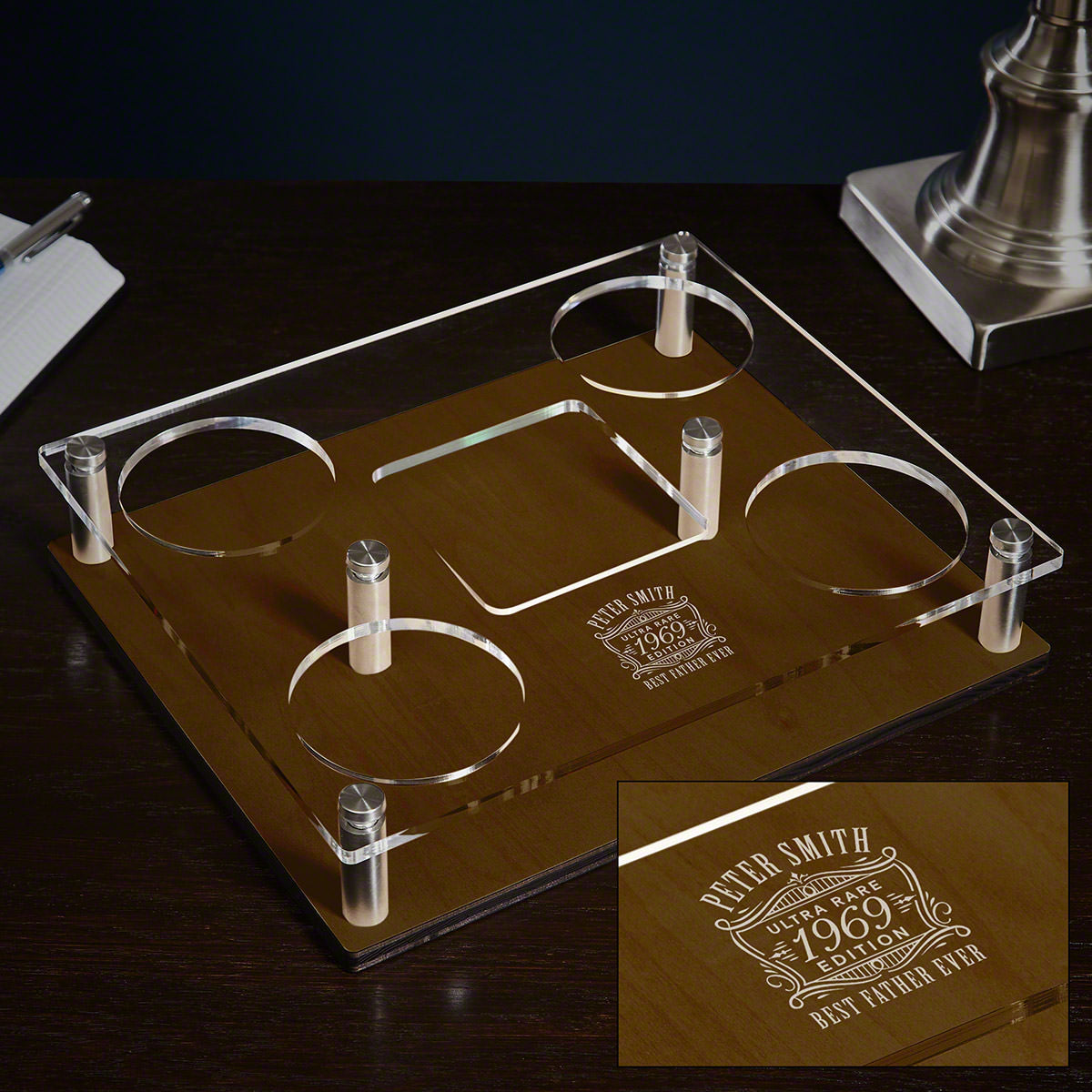 Ultra Rare Custom Decanter Presentation Set with Whiskey Glasses - Walnut Bar Serving Tray & Display Set