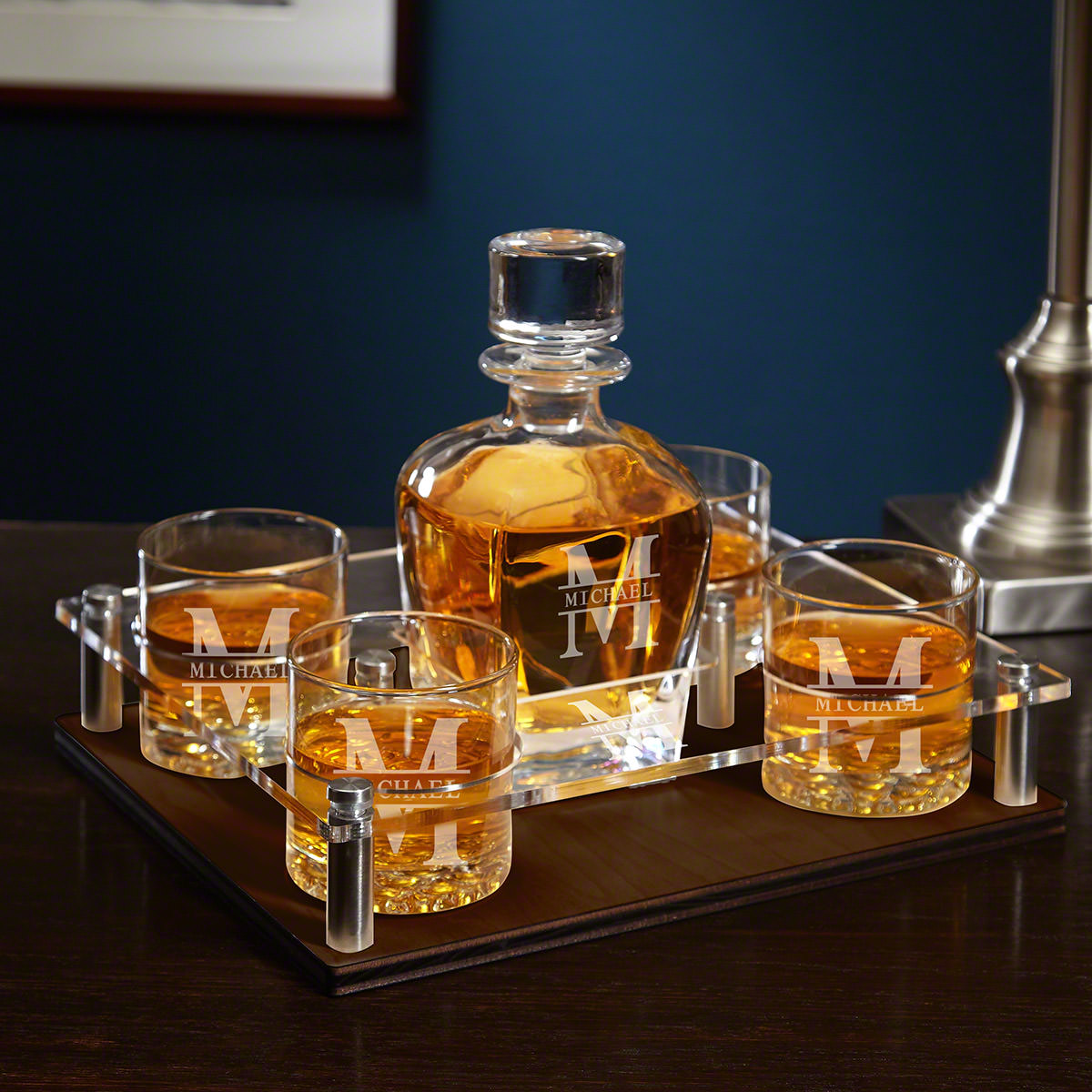 Draper Custom Whiskey Decanter Presentation Set with Glasses - Walnut Bar Serving Tray & Display Set