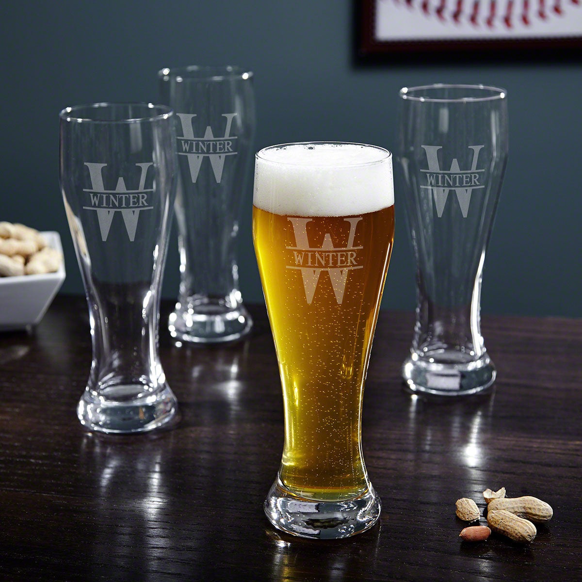 Engraved Tall Pilsner Beer Glass Set of 4