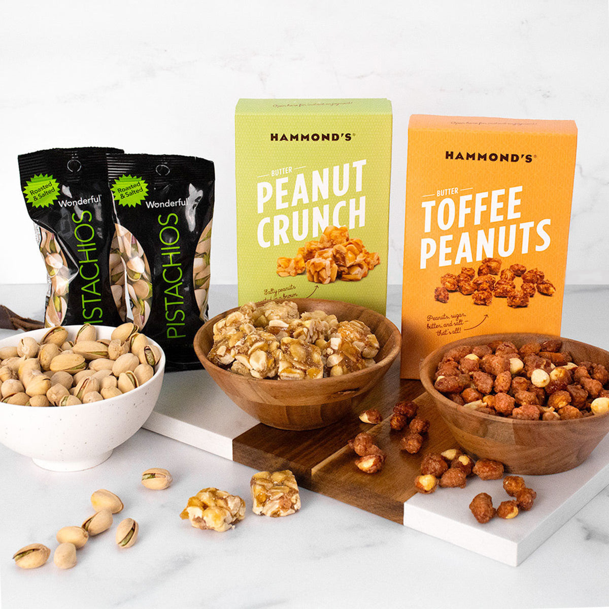 An assortment of gourmet nutty snacks in bowls