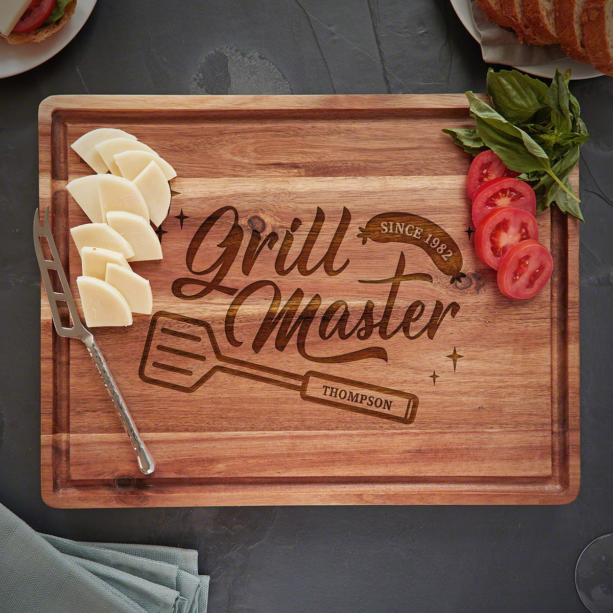 Acacia Custom Wooden Cutting Board with Juice Groove - Grill Master (1.5in Thick)