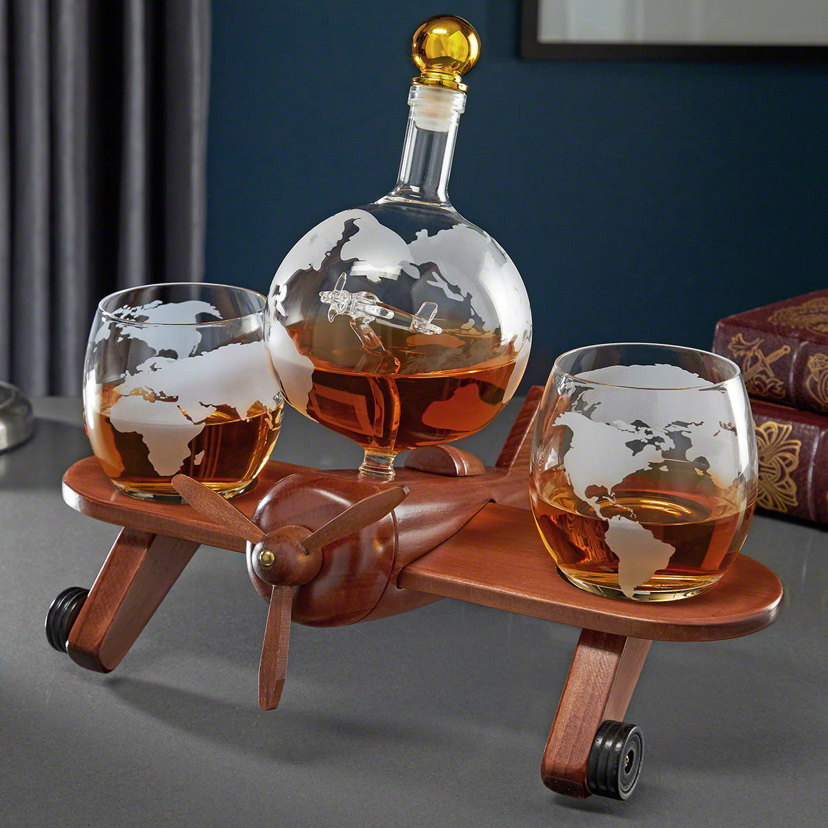 Airplane Whiskey Decanter Set with Globe Glasses