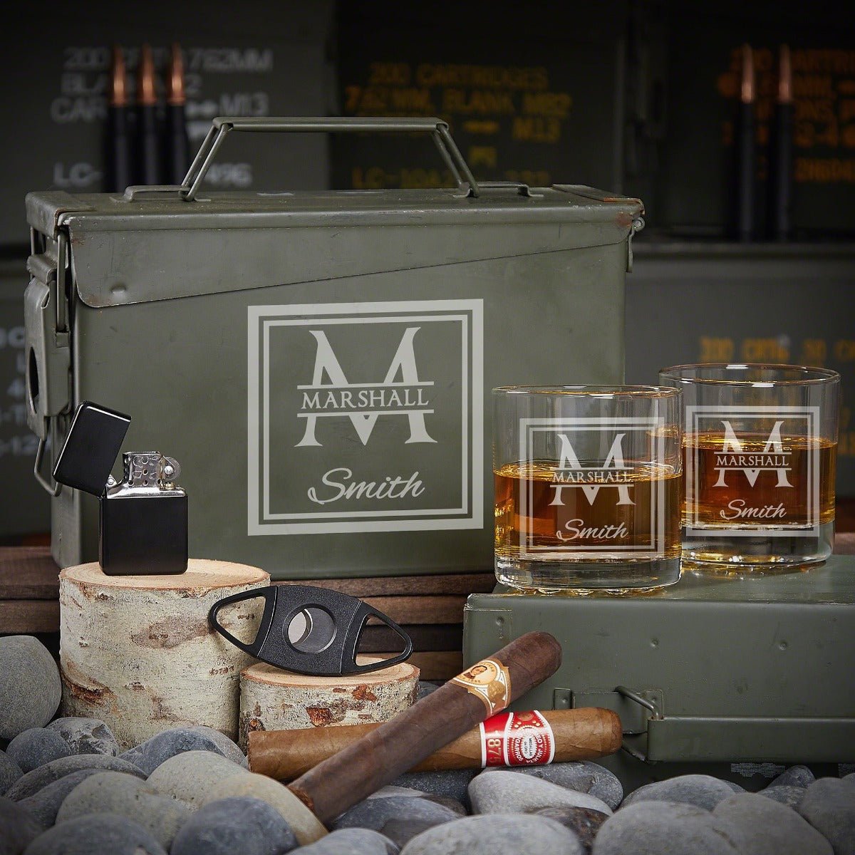 American Heroes Engraved 30 Cal Ammo Box and Eastham Whiskey Glasses Gift top Set - Military Graduation Gift, Etched Rocks Glasses, Retirement