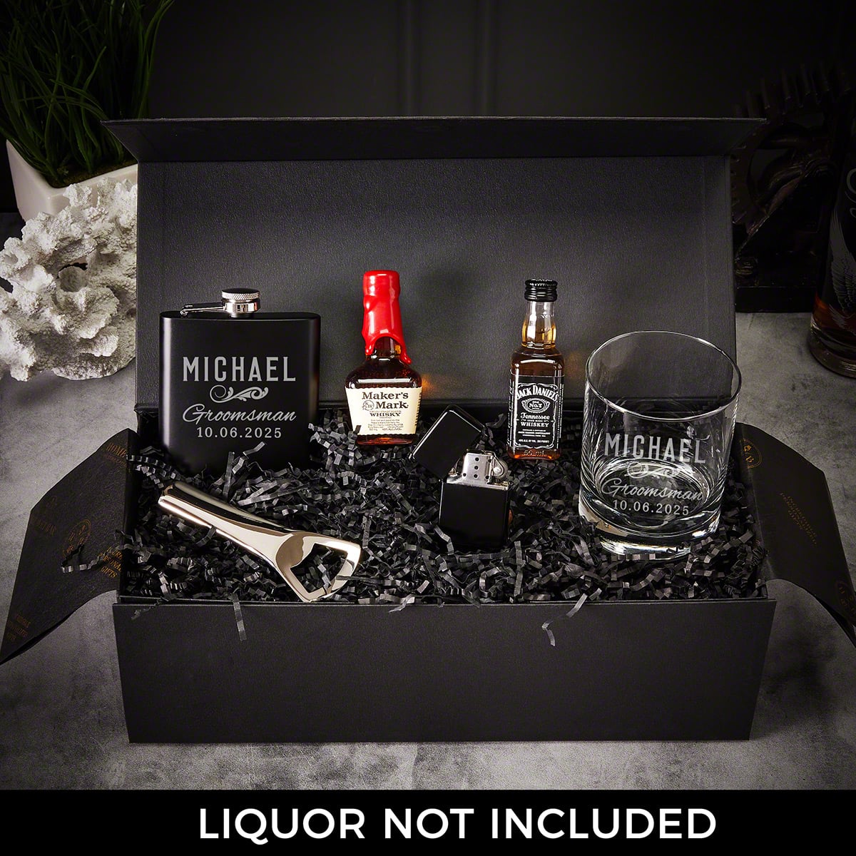 Engraved Groomsmen Gift Set with Whiskey Glass & Flask - 5pc 