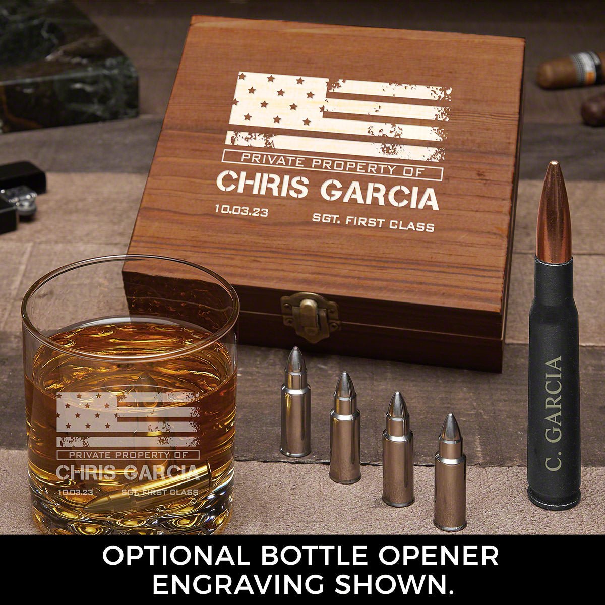 American Heroes Engraved Whiskey Bullet Set Military Gift Idea