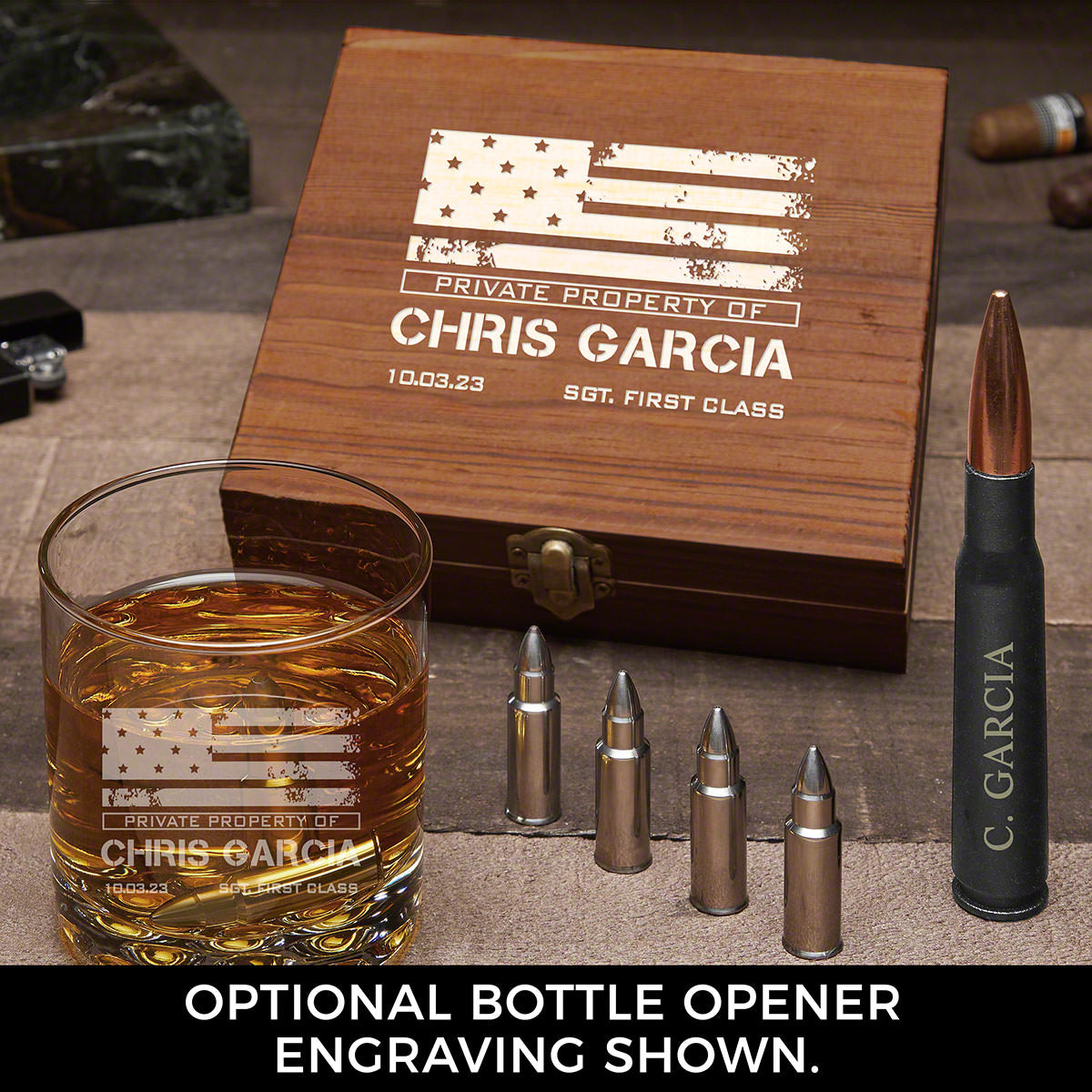 American Heroes Engraved Whiskey Bullet Set  Military Gift Idea