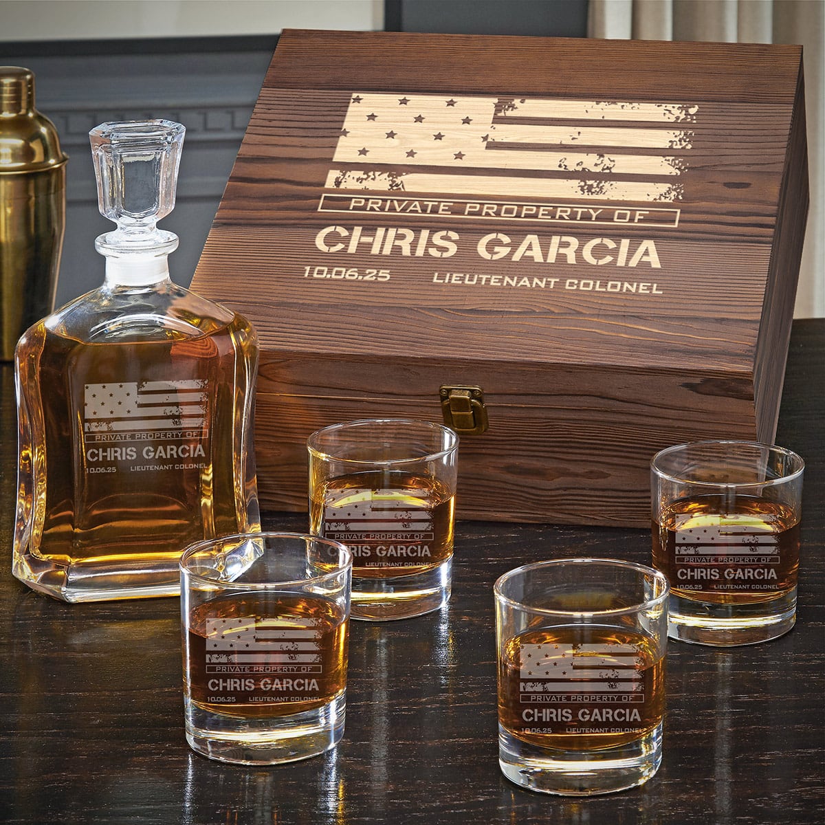 Personalized Argos Decanter Box Set with Bryne Glasses  Military Gift Idea