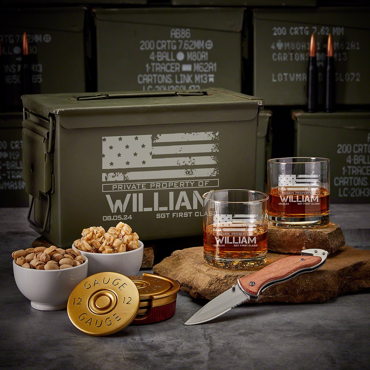 Custom Ammo Can Whiskey Gift Set - 8pc Whiskey Glasses, Knife, Shotgun Coasters & Snacks