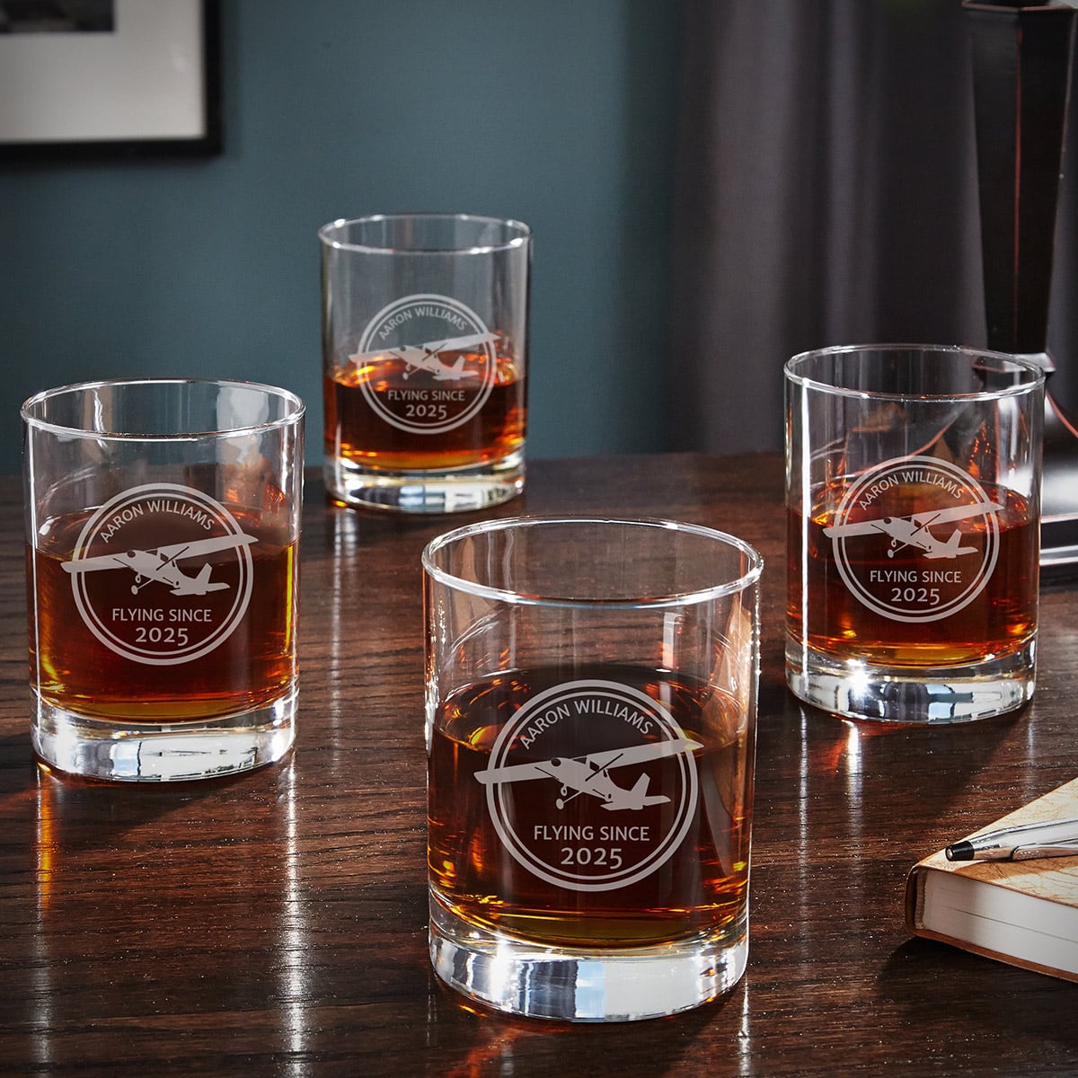 Aviator Personalized Whiskey Glasses, Set of 4