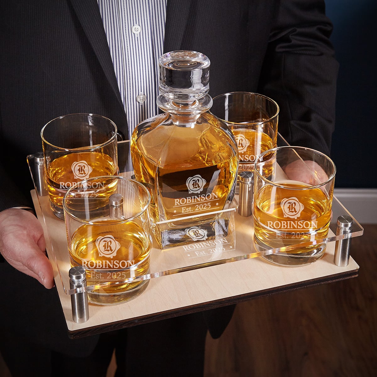 Bar Serving Tray with Custom Whiskey Decanter and Glasses 6 pc