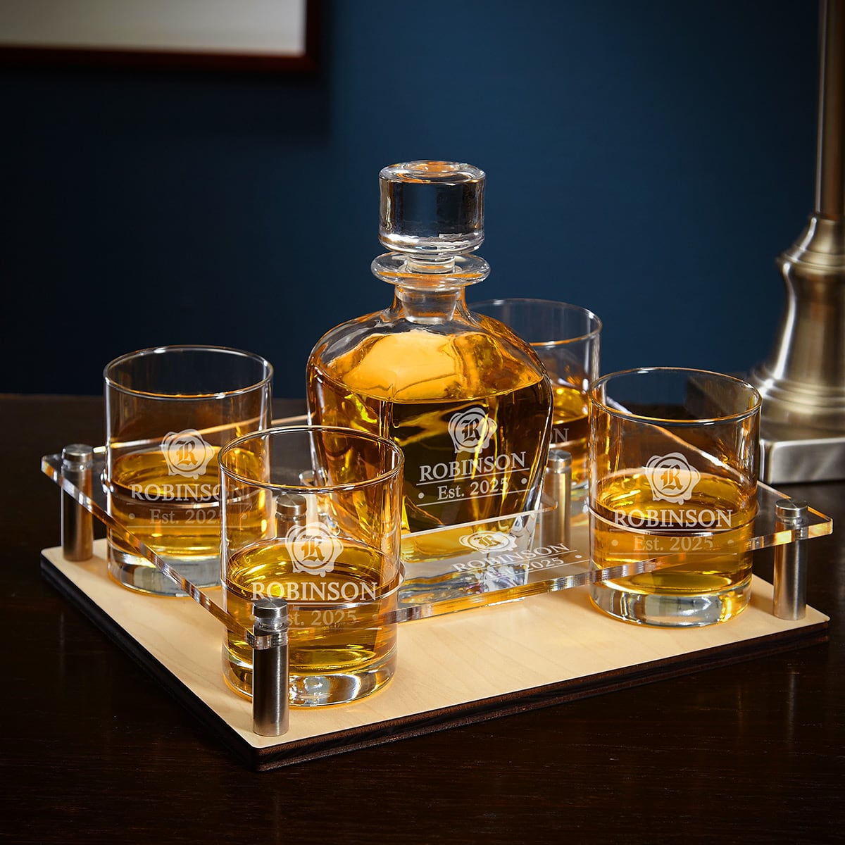 Bar Serving Tray with Custom Whiskey Decanter and Glasses 6 pc