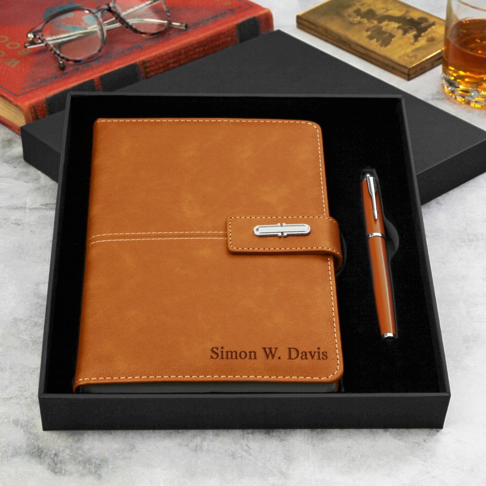 Beckford Custom Hardcover Lined Notebook with Pen - Tan