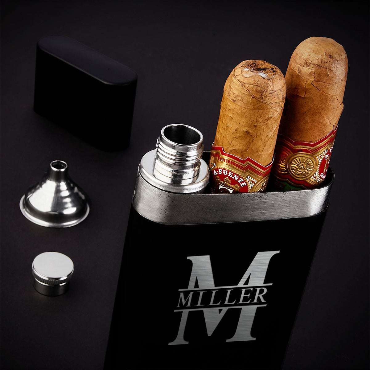 Personalized Cigar Gift Set with Sheffield Cigar Flask and Whiskey Glass with Cigar Holder